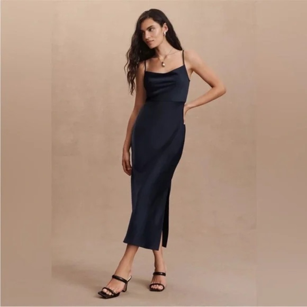 BHLDN Navy Blue Satin Slip Dress XXL Cowl Neck Wedding Guest Midi